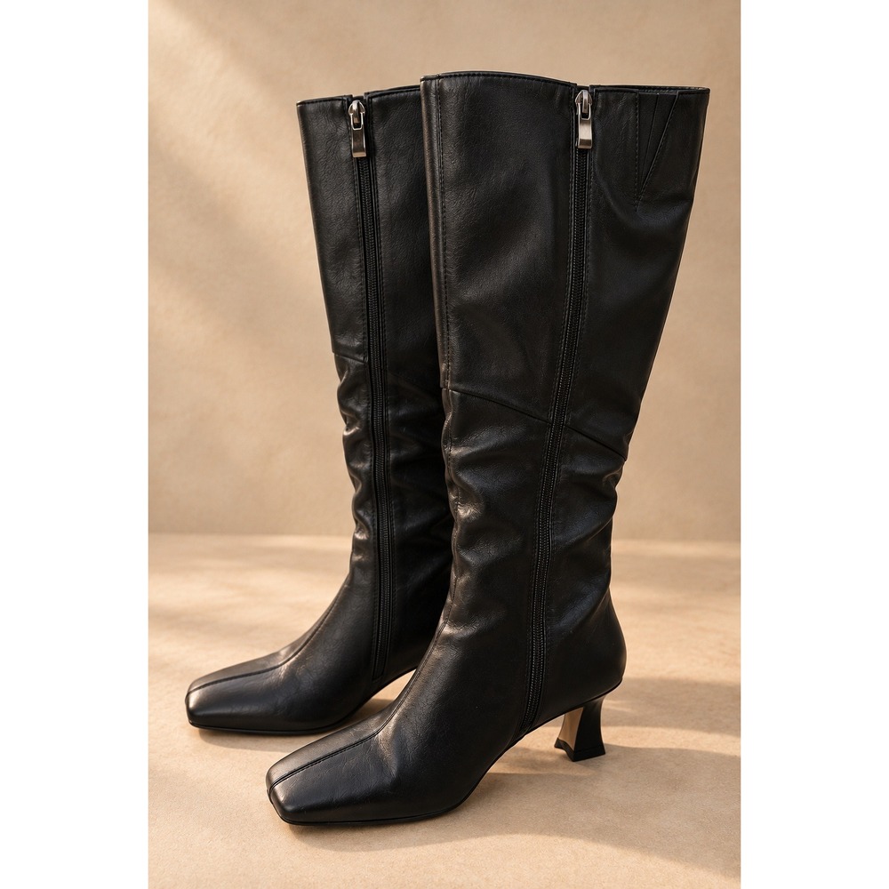 Black Square Toe Knee High Boots Flared Kitten Heel Size 6 Zip Up Minimalist